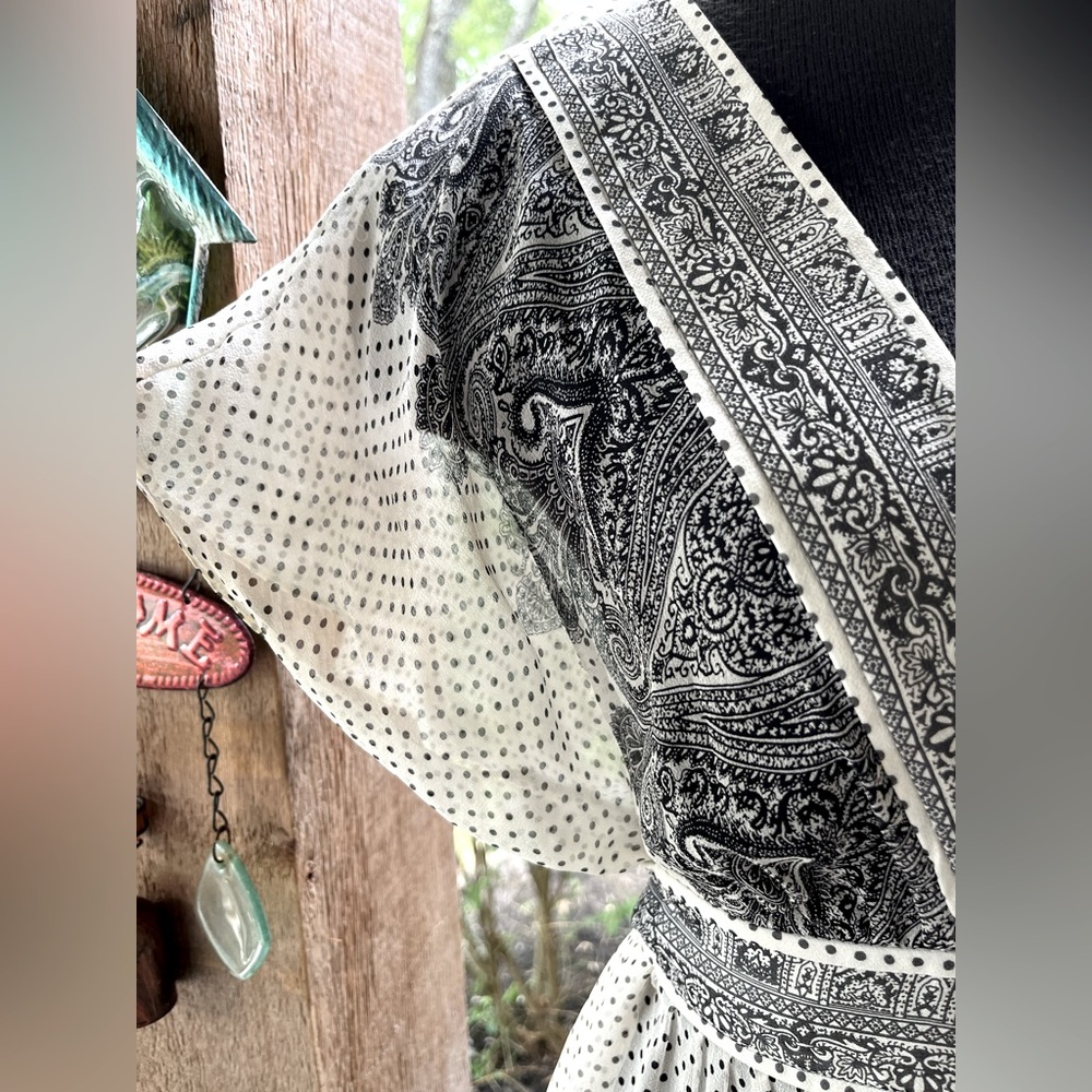 Vintage Adrianna Papell Silk Sheer Ivory & Black Polka Dot Flutter Sleeve Dress - Picture 4 of 12